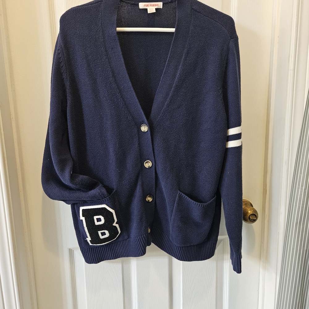 Navy Blue Women's Letterman Sweater with Pockets